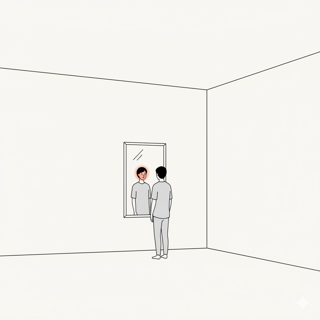 A tiny desk and lamp resting against an absurdly large blank page. The space is the point.