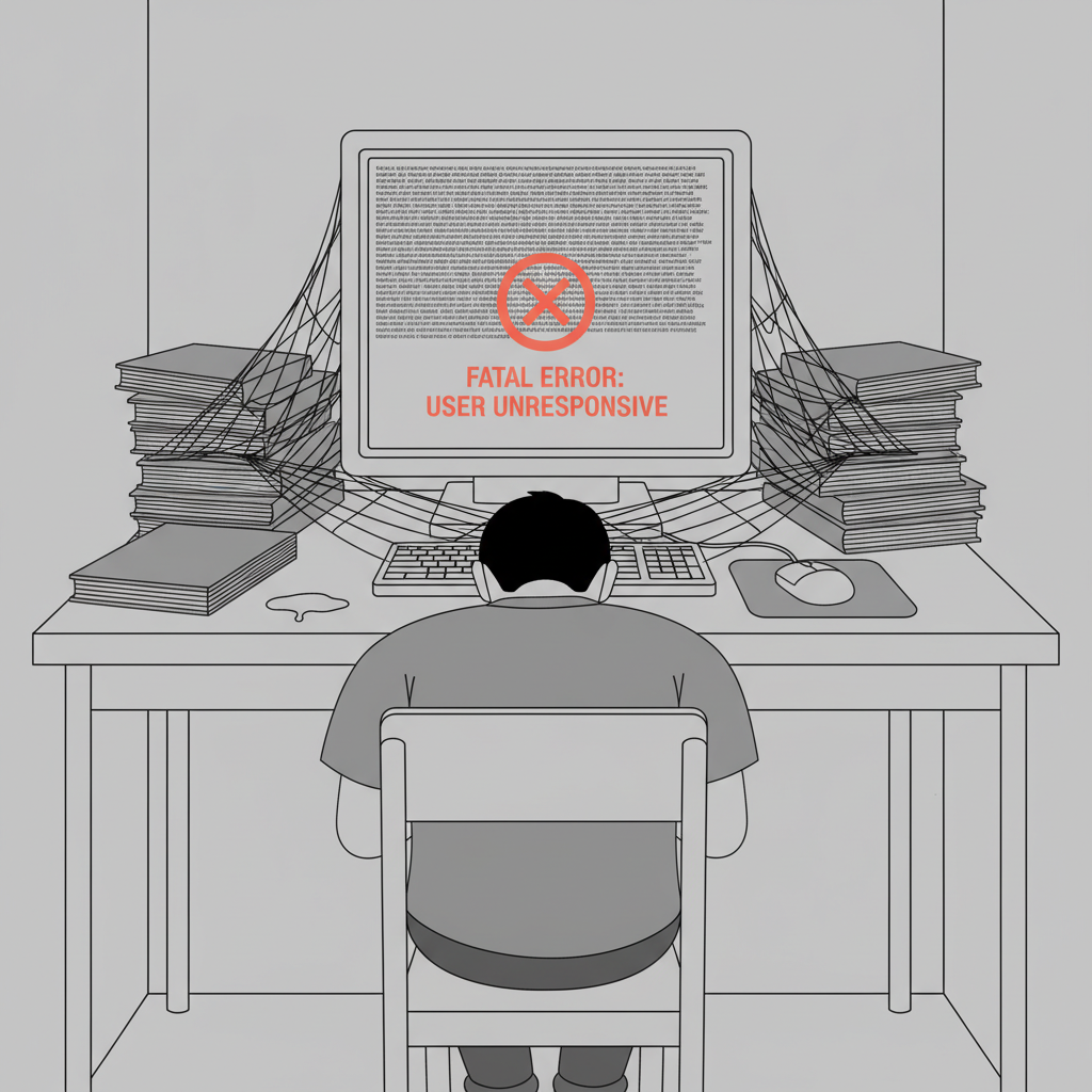 Illustration of user overwhelmed by manuals